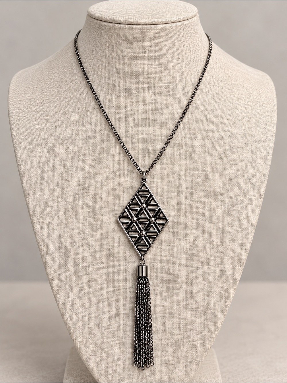 Gunmetal Geometric Diamond Pendant Tassel Necklace – Long Statement